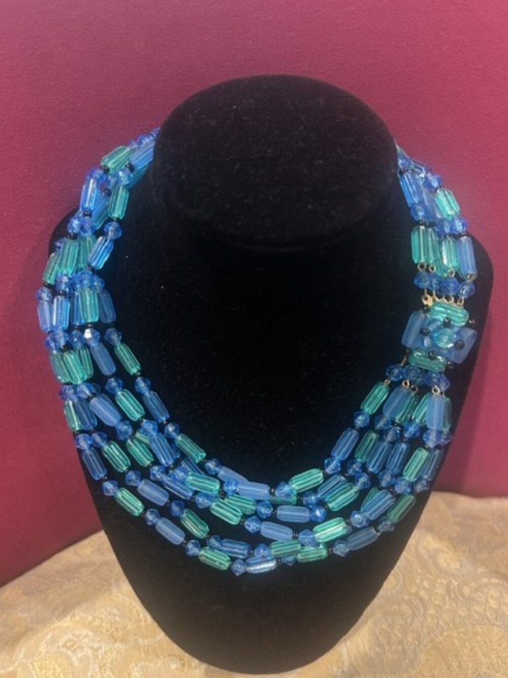 WEST GERMANY 6-STRAND Blue Green Lucite Beaded CHOKER NECKLACE